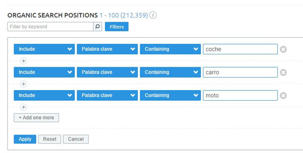 filtros keywords semrush