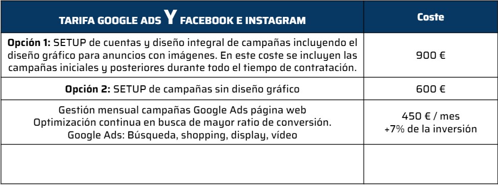 Tarifas Google Ads + Social Ads