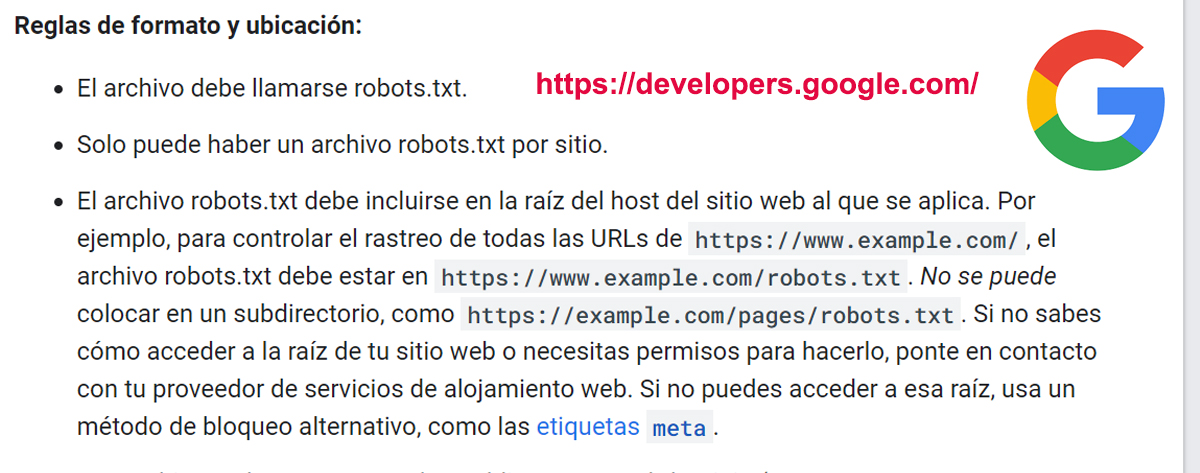 reglas de formato y ubicación de archivo robots txt